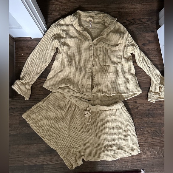 Free People Tops - Free People Serious Chiller waffle button down set
